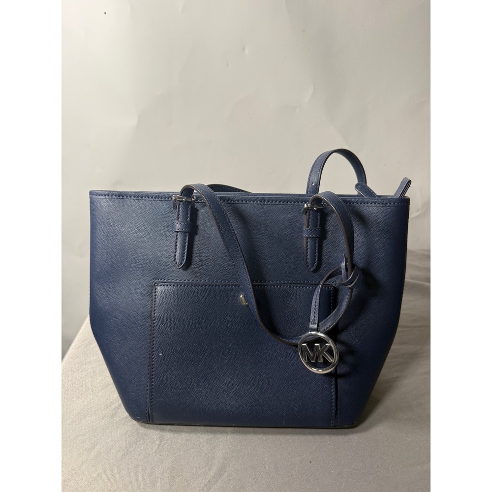 Michael Kors Jet Set Travel Navy Saffiano Leather Top Zip Tote Bag Silver